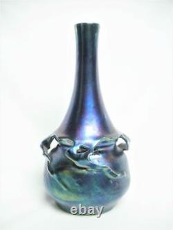 11 ¼ HELIOSINE Austrian Art Nouveau Pottery Vase Blue Aurene Iridescent Mint