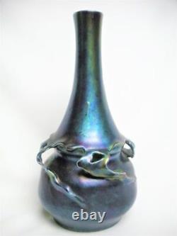 11 ¼ HELIOSINE Austrian Art Nouveau Pottery Vase Blue Aurene Iridescent Mint