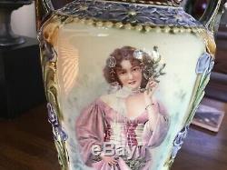 12 Majolica Portrait Vase Antique Austrian Art Pottery/Nouveau Double Handle