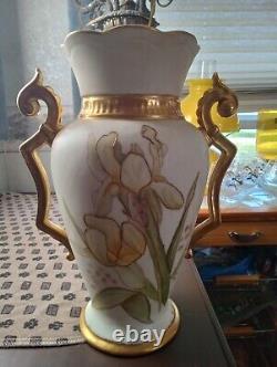 13 Inch Antique Austria Germany Double Handle Porcelain Iris Orchid Vase