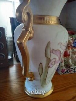13 Inch Antique Austria Germany Double Handle Porcelain Iris Orchid Vase