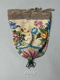 1890 Austrian Beaded Glass Micro Beads Beaded Drawstring Reticule Purse Handbag