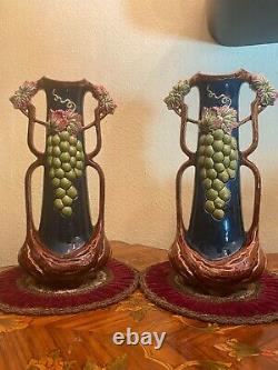 3 Antique Art Nouveau Austrian Majolica Vases Decanters