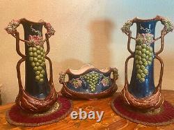 3 Antique Art Nouveau Austrian Majolica Vases Decanters