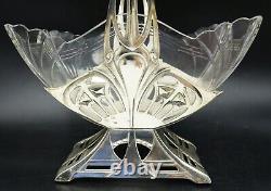 AMAZING GERMAN WMF SECESSIONIST PEWTER & GLASS FLOWER BASKET with GLASS INSERT