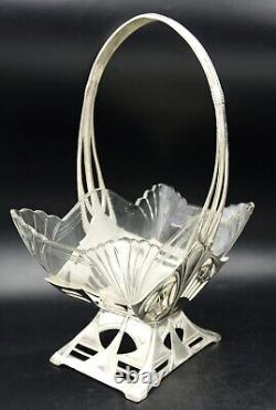 AMAZING GERMAN WMF SECESSIONIST PEWTER & GLASS FLOWER BASKET with GLASS INSERT