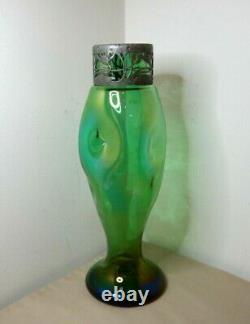 ANTIQUE ART NOUVEAU IRIDESCENT GLASS VASE METAL COLLAR AUSTRIAN 30cm HIGH