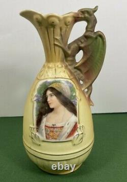 ANTIQUE AUSTRIAN Porcelain Portrait Vase With Dragon Handle