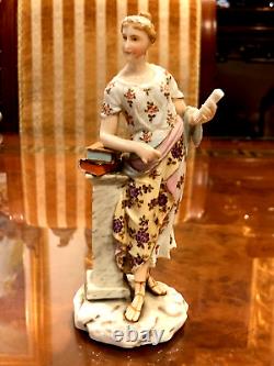ANTIQUE GERMAN DRESDEN OR AUSTRIAN PORCELAIN FIGURINE LADY NEXT TO STAND WithBOOKS