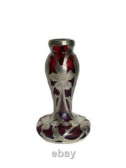 Alvin Art Nouveau Austrian Iridescent Red Silver Overlay Bud Vase