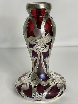 Alvin Art Nouveau Austrian Iridescent Red Silver Overlay Bud Vase
