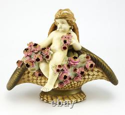 Amphora Austrian Art Nouveau Hand Painted Porcelain Basket Cherub & Floral