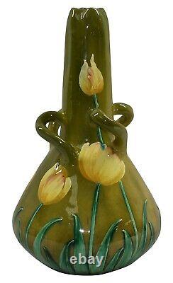 Amphora RSK Art Nouveau Austrian Pottery Yellow Tulip Twist Handle Vase