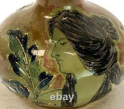 Amphora RSTK Enamel Pottery Vase Portrait of A Beauty Art Nouveau, circa 1900
