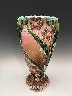 Antique 14in. Austrian Majolica IRIS Art Nouveau Vase