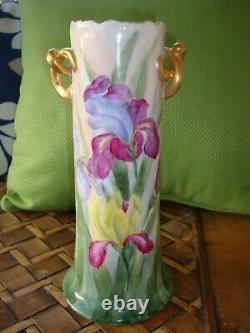 Antique 1909 Vienna Austria Hand Painted Vase Irises, 10 1/4