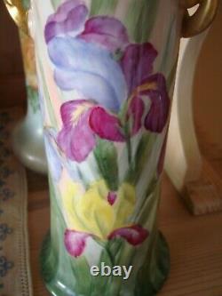 Antique 1909 Vienna Austria Hand Painted Vase Irises, 10 1/4