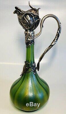 Antique 19th Century Loetz Austrian Art Nouveau 800 Silver Green Glass Jug 13.5