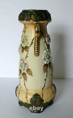 Antique AMPHORA Austria Floral Pottery Vase With Flowers in Relief Gilded Gold