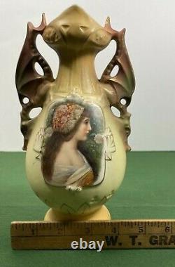Antique AUSTRIAN Hand Painted Portrait Vase With Dragon Handles