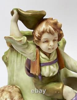 Antique Amphora Austrian Porcelain Jardiniere Vase Goose Chasing Boy Art Nouveau