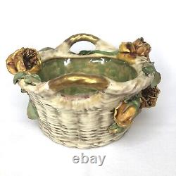Antique Amphora RSK Art Nouveau Austrian Pottery Applied Gold Roses on Basket