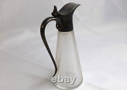 Antique Art Deco Austrian Ribbed Glass SYRUP DECANTER Pewter Duck Bill Lid RARE