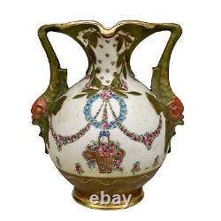Antique Art Nouveau Amphora Teplitz Porcelain Vase with Fish Handles