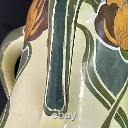 Antique Art Nouveau Austrian 3 Handle YellowithGreen Floral Vase 1900s Handpainted