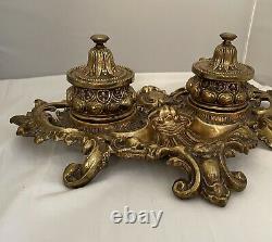 Antique Art Nouveau Austrian Bronze Ormolu Footed Double Lidded Shell Inkwell