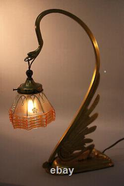 Antique Art Nouveau Austrian Secessionist Lamp Swan Form, Glass Shade
