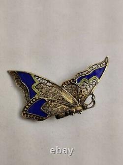 Antique Art Nouveau Butterfly Brooch Austrian Gold Over Silver Filigree Enamel