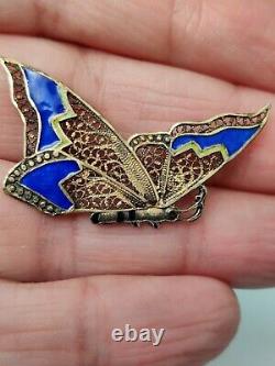 Antique Art Nouveau Butterfly Brooch Austrian Gold Over Silver Filigree Enamel