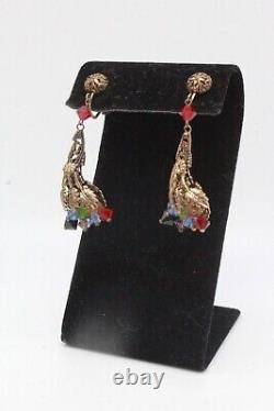 Antique Art Nouveau Deco Austrian Crystals Filigree Long Drop Earrings