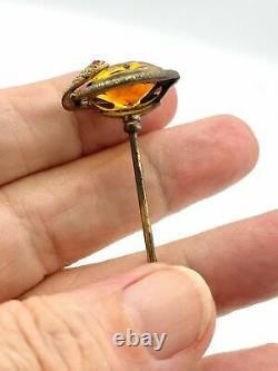 Antique Art Nouveau Deco Old Snake Amber Jeweled Glass Austrian Bronze Hat Pin