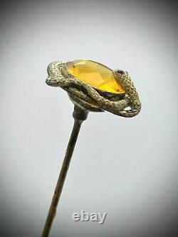 Antique Art Nouveau Deco Old Snake Amber Jeweled Glass Austrian Bronze Hat Pin
