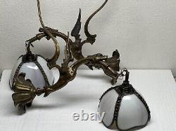 Antique Art Nouveau Dragon Griffin Slag Glass Austrian Bronze Wall Sconces Lamps