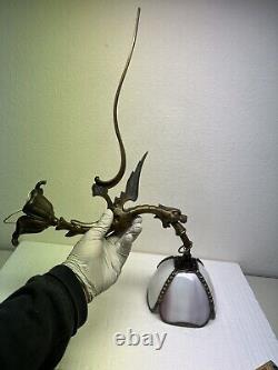 Antique Art Nouveau Dragon Griffin Slag Glass Austrian Bronze Wall Sconces Lamps