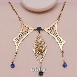 Antique Art Nouveau Jugendstil Gold Filled Blue Paste Flower Necklace