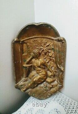 Antique Art Nouveau Lady Thick Ornate Brass Relief Wall Art, Plaque