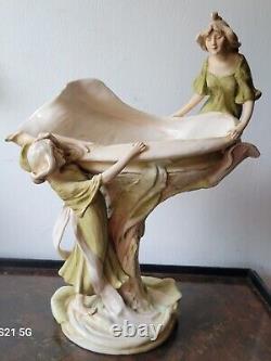 Antique Art Nouveau Maidens Porcelain Royal Dux Large Sea Shell Vase c1900 14