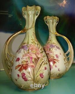 Antique Art Nouveau Porcelain Austrian German raise gold gilt vases Mitterteich