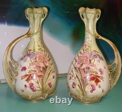 Antique Art Nouveau Porcelain Austrian German raise gold gilt vases Mitterteich