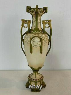 Antique Art Nouveau Royal Dux Austrian Pottery Vase with Woman's Face Decoration