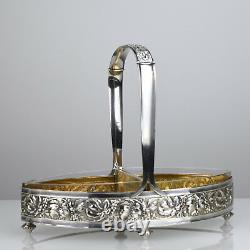 Antique Art Nouveau Silverplated Handled Snack Serving Bowl with Glass Liners
