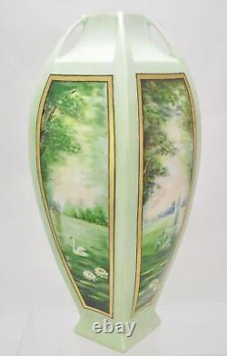 Antique Austrian 14 Hand Painted Porcelain Swan Buttress Form Vase circa 1910