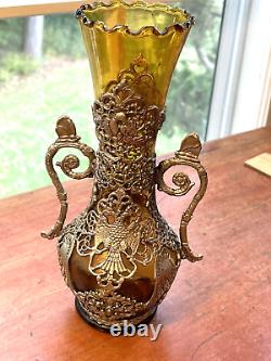 Antique Austrian Amber Blown Glass Double Handled Vase with Nickel silver ormolu