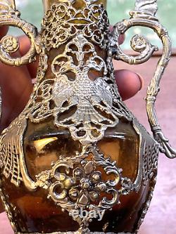 Antique Austrian Amber Blown Glass Double Handled Vase with Nickel silver ormolu