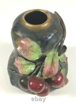 Antique Austrian Amphora Vase Teplitz Art Nouveau Cherries High Relief 1900 5.5