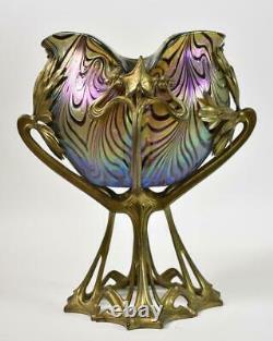 Antique Austrian Art Nouveau Art Glass Bowl Bronze Stand